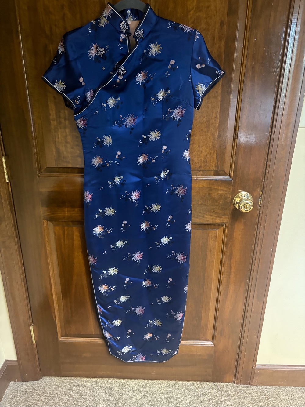 Navy Floral Satin Cheongsam Midi Dress